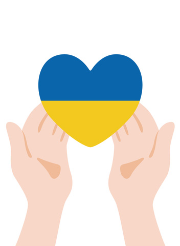 イラスト素材: [ウクライナ]手とハート型の国旗アイコンのタグ